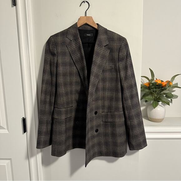 Theory Gray Plaid Wool Double Breasted Blazer Jacket 8 - Picture 13 of 14